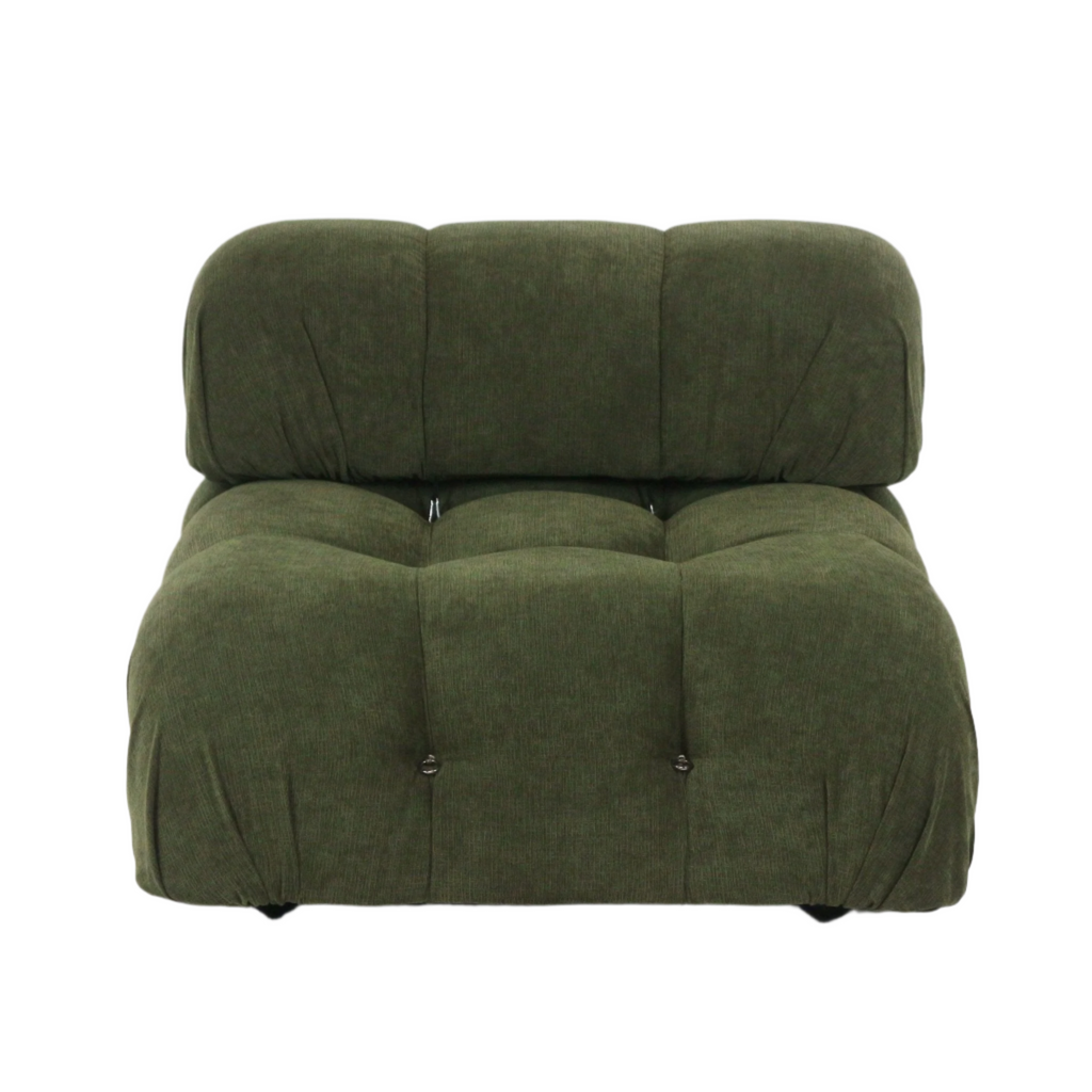 Olive green fabric armless sofa module with deep tufted seat and rounded pillow back, showcasing a low-profile modern design and soft upholstered texture.