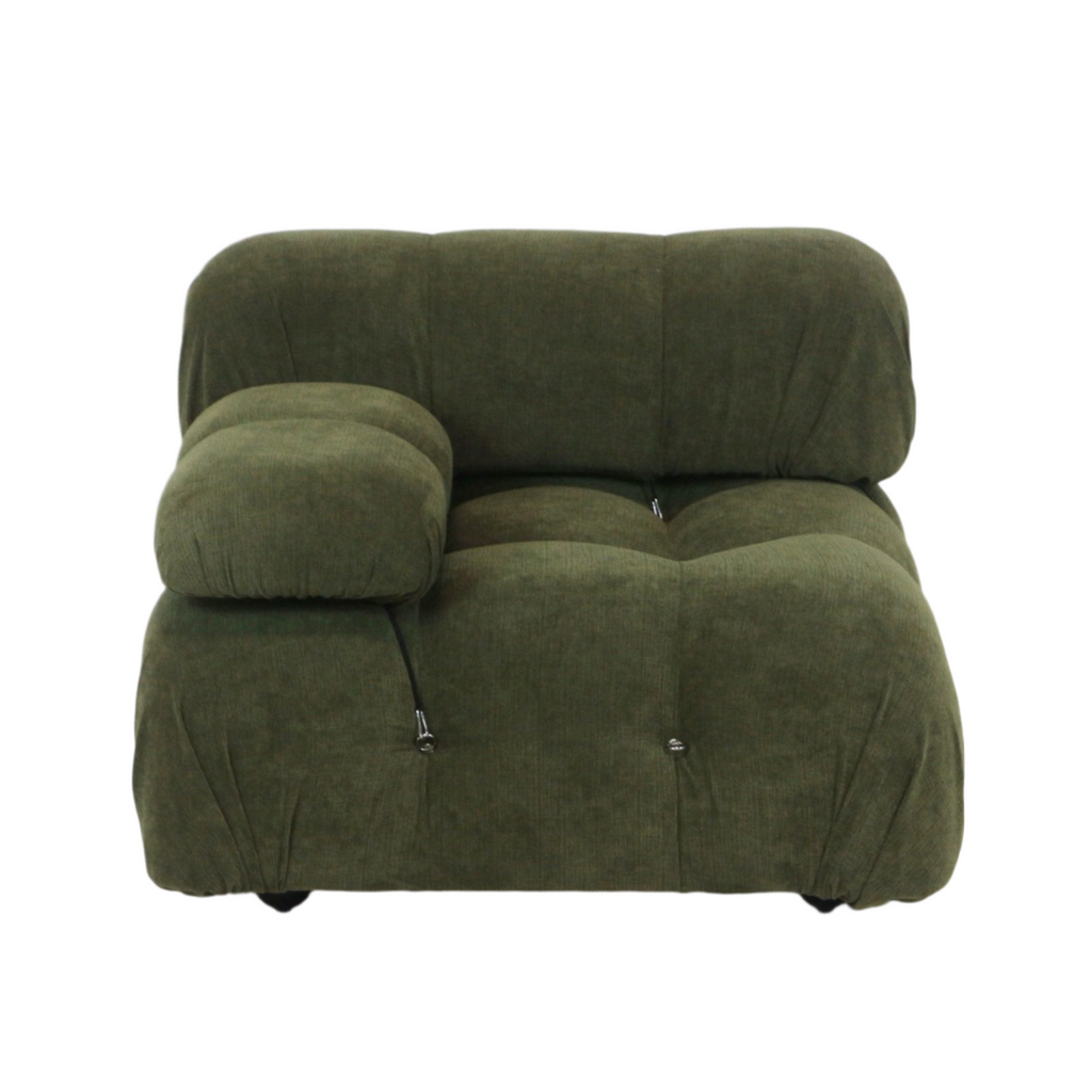 Olive green fabric single-seat left sectional module with plush tufted cushions, rounded low-profile modern silhouette and attached arm pillow, shown against a white background.