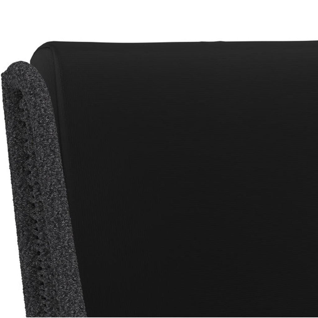 Close-up of a charcoal fabric backrest with a textured dark-grey rope-wrapped edge, showing the upholstered back detail of an armless teak outdoor bar stool.