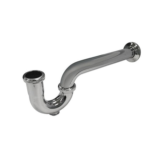 Chrome P-trap with long wall tailpiece and round escutcheon for a modern bathroom sink, polished finish with curved trap assembly shown isolated on a white background.