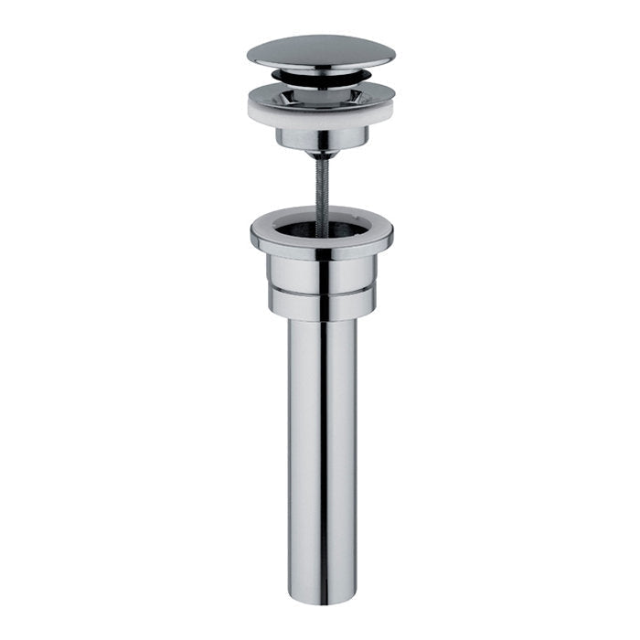Polished chrome pop-up sink drain assembly with round cap, threaded stem, rubber gasket and straight cylindrical tailpiece, suitable for modern stone-top bathroom vanities.