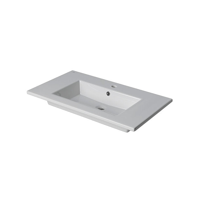 Modern ceramic rectangular vanity top in stone finish with integrated rectangular basin, single center faucet hole and overflow, wide flat rim for installation on a 32.25-inch single-sink vanity.