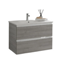 Modern floating single-sink bathroom vanity in stone-colored solid wood with a white stone top and integrated ceramic sink, chrome faucet, and horizontal chrome handle accents.