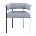 Front view of a modern gray boucle upholstered dining chair with a low curved back and short wrapped armrests, thick cushioned seat and slender black metal legs.