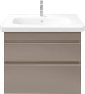 Front view of a modern wall-mounted bathroom vanity in stone-colored solid wood with a white integrated ceramic sink and single center faucet hole, featuring two drawers with slim horizontal grooves.