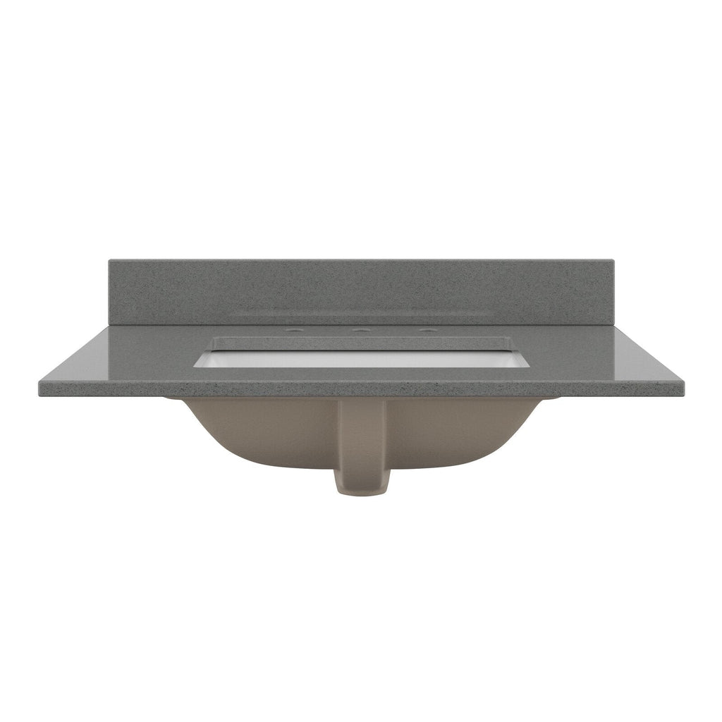 Front view of a stone-colored modern bathroom vanity top with low matching backsplash, rectangular undermount white ceramic sink, three pre-drilled faucet holes and the exposed underside of the basin.