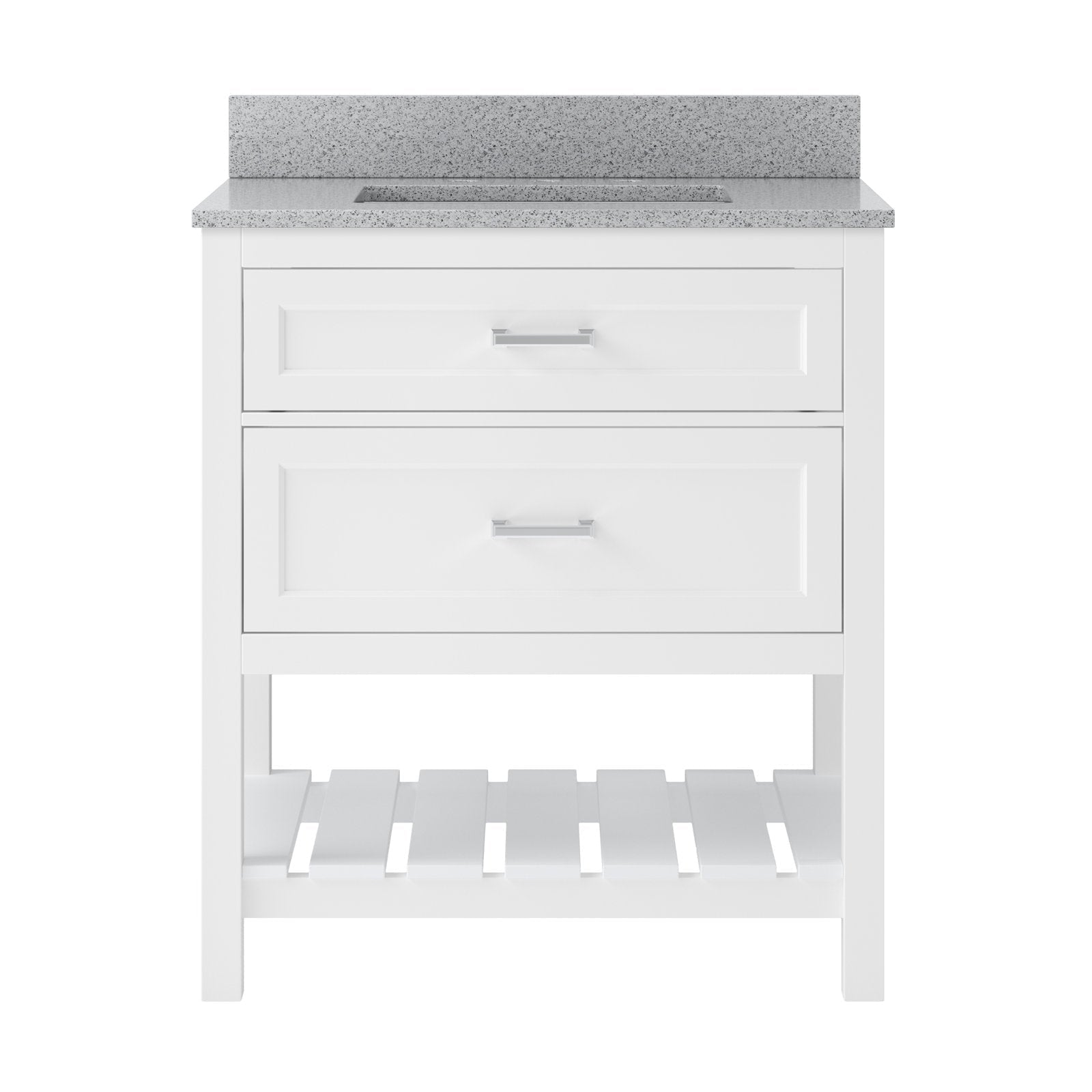 Front-facing modern white solid-wood bathroom vanity with speckled stone countertop and integrated rectangular sink, two paneled drawers with metal pulls and an open slatted lower shelf.