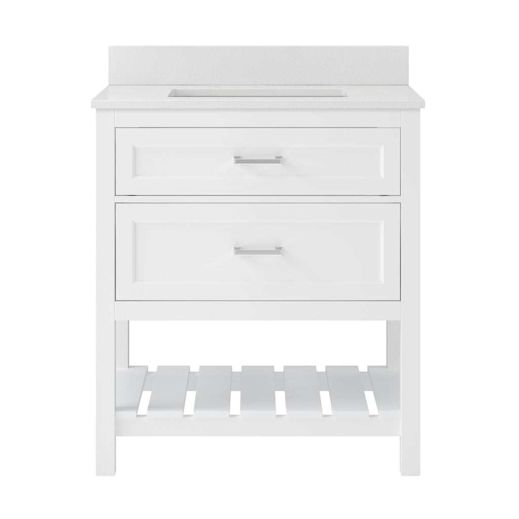 Freestanding modern solid wood bathroom vanity in white with a stone countertop and low backsplash, integrated rectangular sink, two panel-front drawers with chrome pulls, and an open slatted bottom shelf.