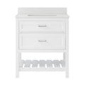 Freestanding modern solid wood bathroom vanity in white with a stone countertop and low backsplash, integrated rectangular sink, two panel-front drawers with chrome pulls, and an open slatted bottom shelf.
