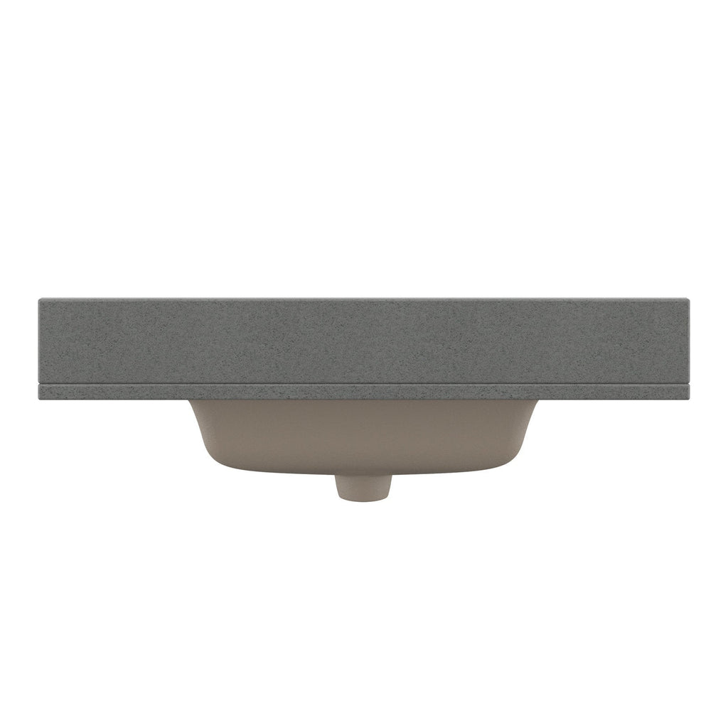 Front view of a stone-colored rectangular vanity top with an integrated beige ceramic undermount sink visible from below, showing the modern minimalist profile and smooth stone countertop edge.