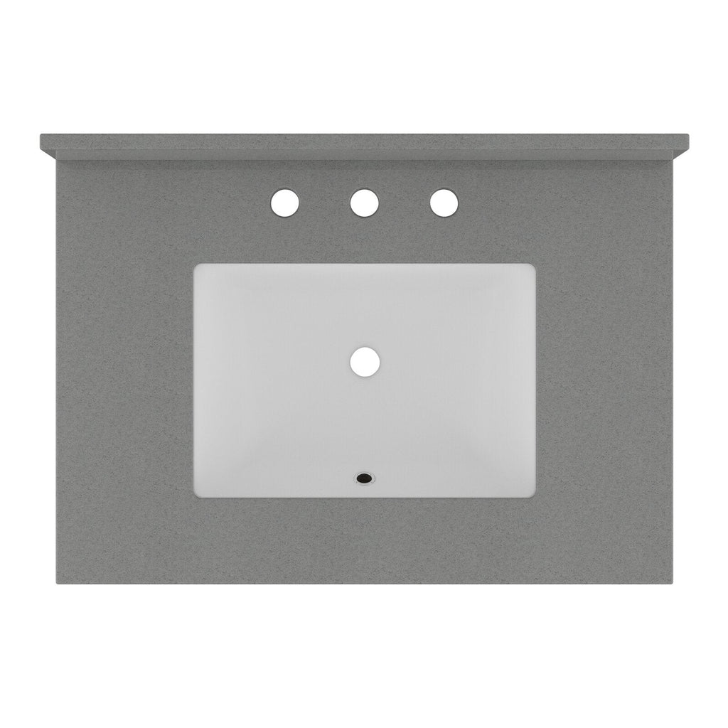 Top-down view of a stone-colored vanity top with a rectangular white ceramic sink, three predrilled faucet holes across the back and a centered drain and overflow.