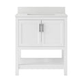 Front view of a modern solid wood freestanding bathroom vanity with a stone-speckled countertop and integrated rectangular sink, two shaker-style doors with metal handles and an open lower shelf.