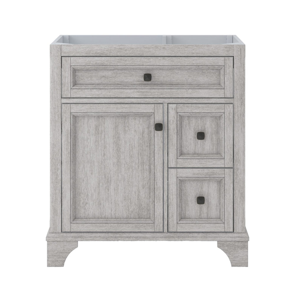 Modern solid wood 31-inch single-sink bathroom vanity base in light gray weathered finish, freestanding with one large left cabinet door, two stacked right drawers, a shallow top drawer and black square hardware, open top.