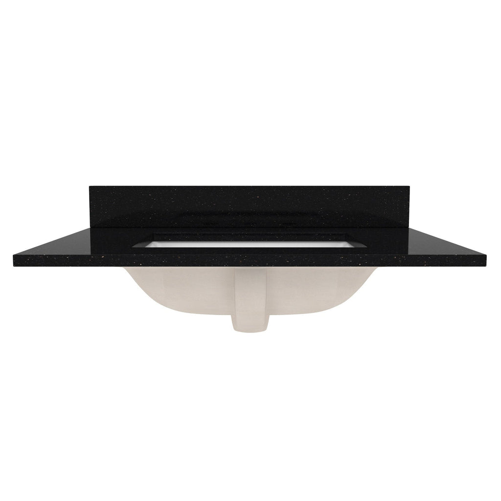 Front view of a black speckled quartz bathroom vanity top with low matching backsplash and a white ceramic undermount sink visible beneath, shown on a clean white background.