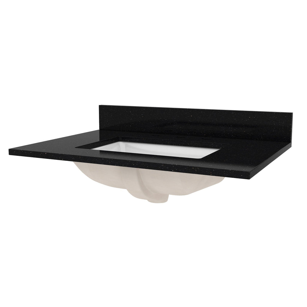 Black quartz vanity top with integrated backsplash and rectangular sink cutout, showcasing a white undermount ceramic basin visible from below; modern single-sink bathroom vanity top.