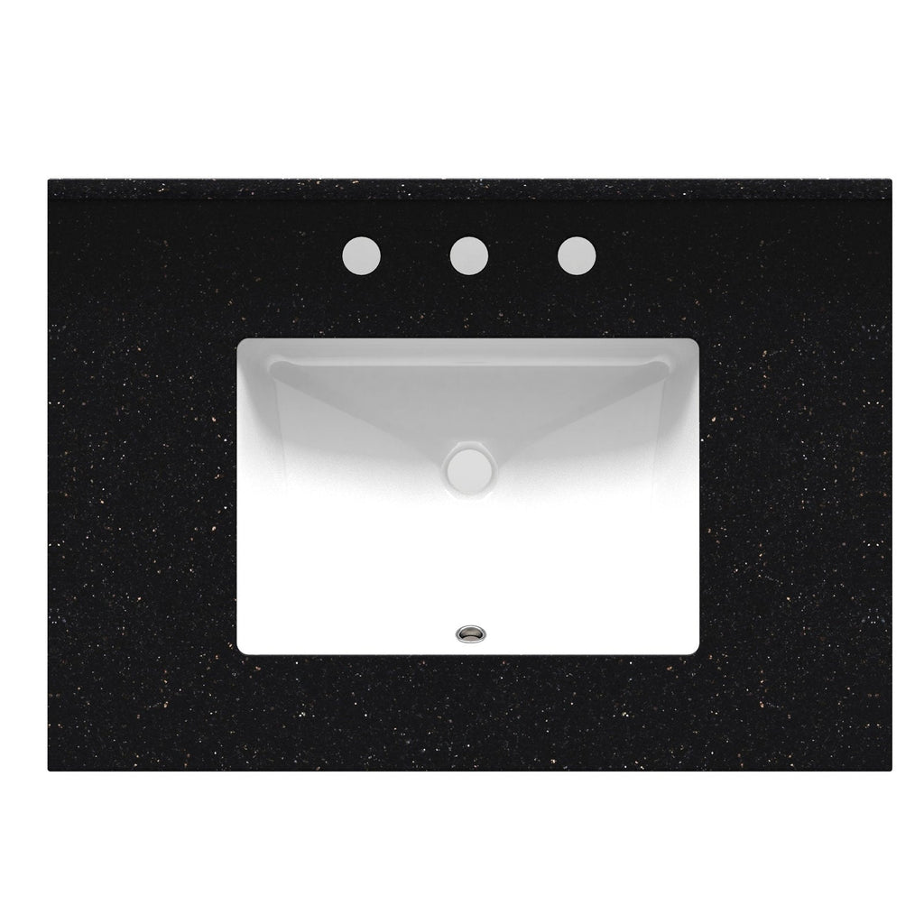 Top-down view of a black quartz vanity top with subtle metallic flecks and a rectangular white ceramic undermount sink, featuring three predrilled faucet holes and a center drain for a modern bathroom vanity.