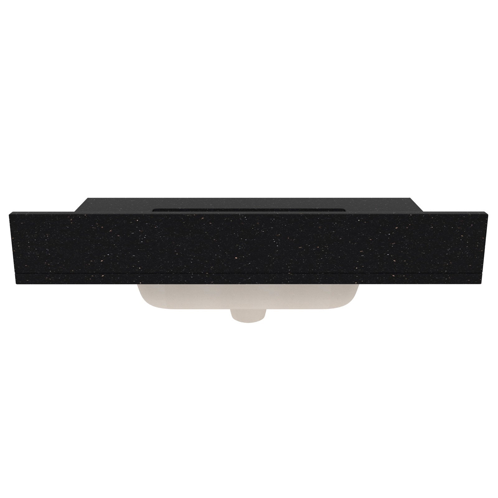 Top view of a 31-inch modern bathroom vanity showing a black speckled quartz countertop with a centered rectangular sink cutout and the white undermount ceramic basin visible beneath.