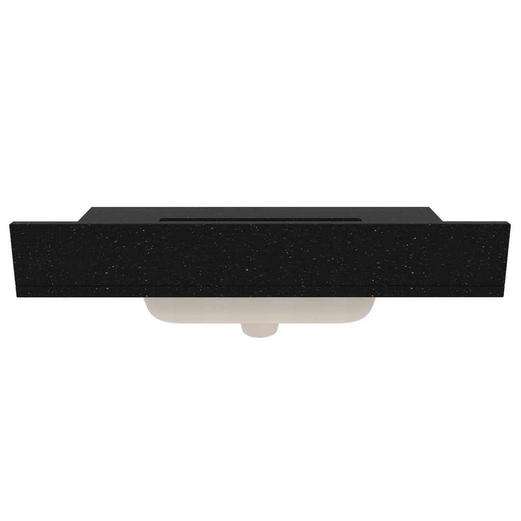 Top-down view of a black speckled quartz vanity top with a rectangular sink opening and a white ceramic undermount basin visible underneath.