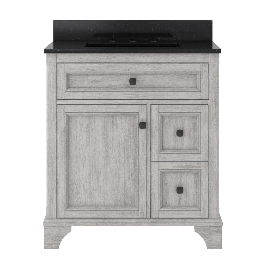 31-inch freestanding single-sink vanity with a black quartz countertop and integrated rectangular sink; solid wood weathered-gray cabinet with a full-width top drawer, one large door, two stacked side drawers and dark square knobs.