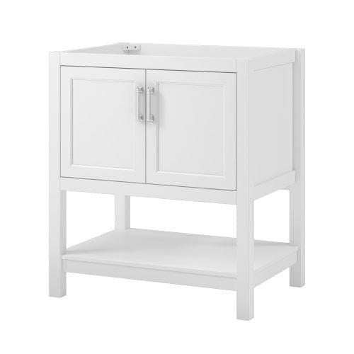 31-inch solid wood single-sink bathroom vanity in black with black quartz countertop, freestanding frame, two-door cabinet with metal pulls and an open lower shelf for storage.
