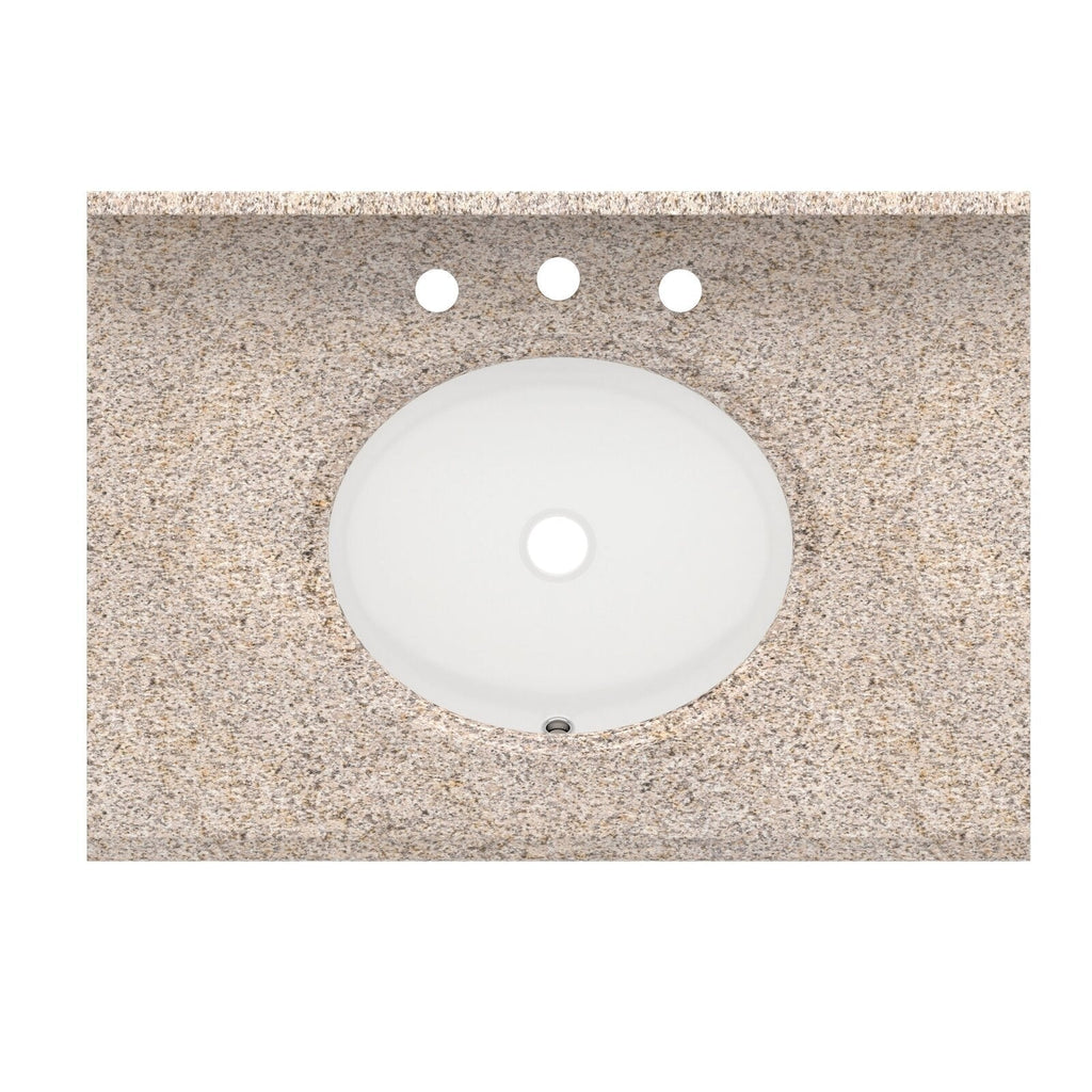 Top-down view of a beige speckled stone vanity countertop with a white oval ceramic undermount sink, center drain and three pre-drilled faucet holes.