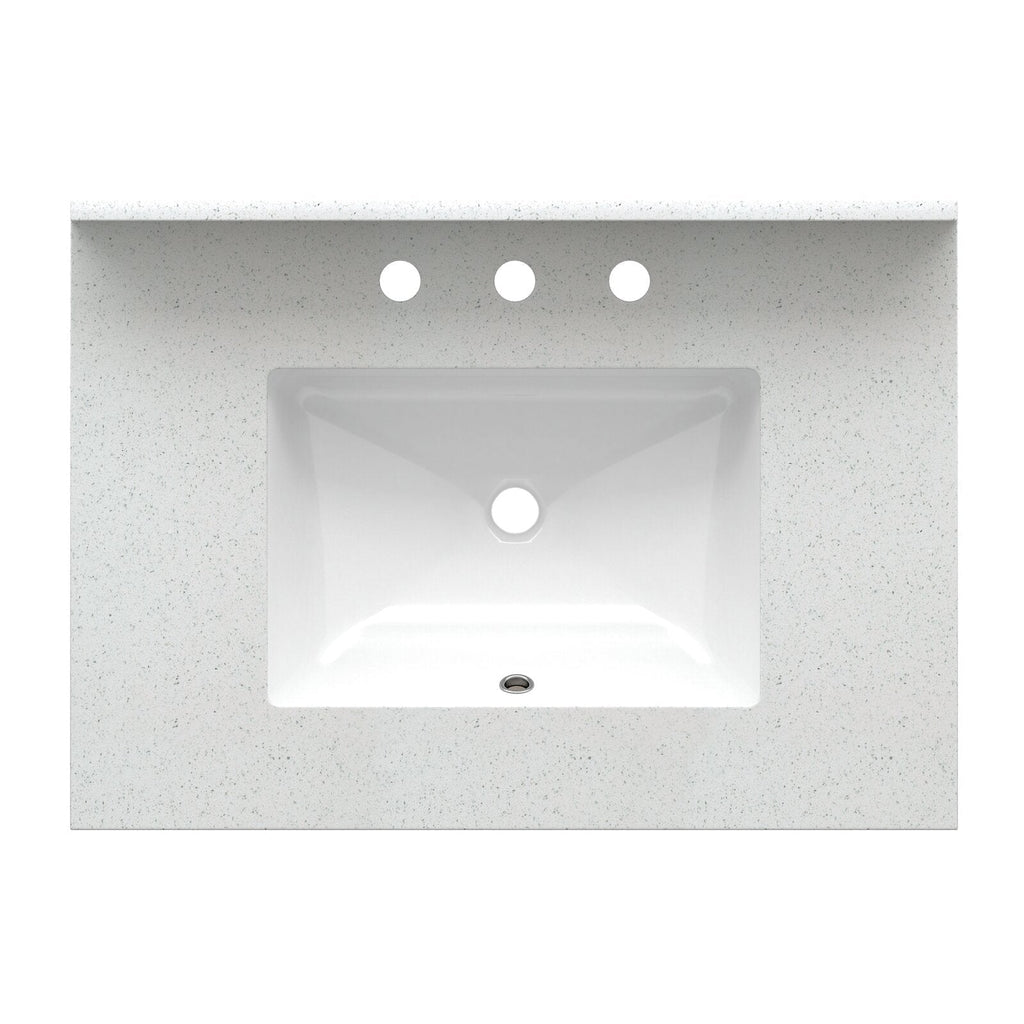 Top-down view of a white quartz vanity top with subtle speckling and a centered rectangular white ceramic sink, showing three pre-drilled faucet holes and a circular drain.