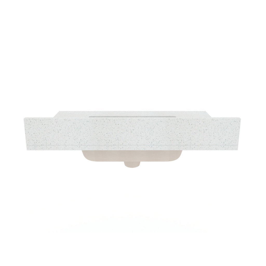 Top-front view of a modern white speckled quartz vanity top with a rectangular integrated sink and a visible ceramic undermount basin against a white background.