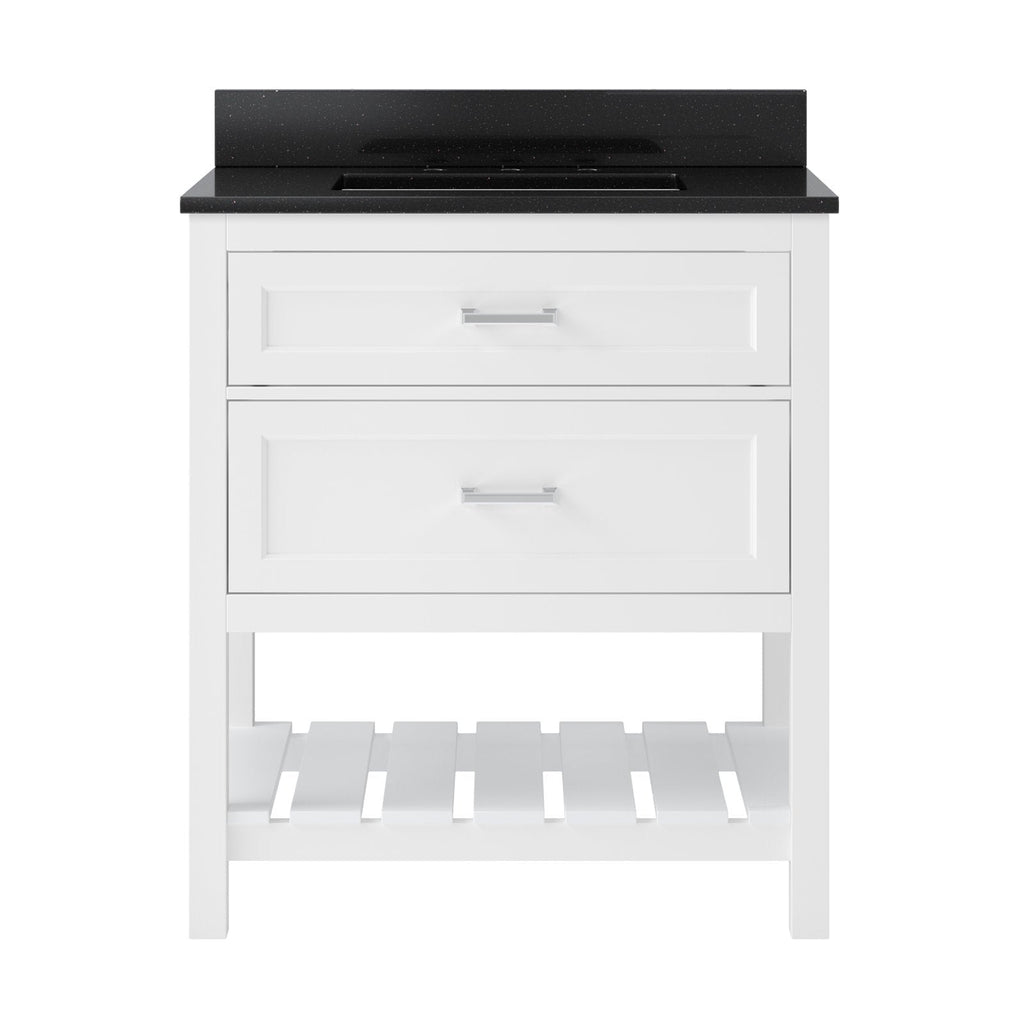 31-inch freestanding white solid wood single-sink bathroom vanity with two drawers and chrome pulls, black speckled quartz countertop and backsplash, open slatted lower shelf in a modern style.