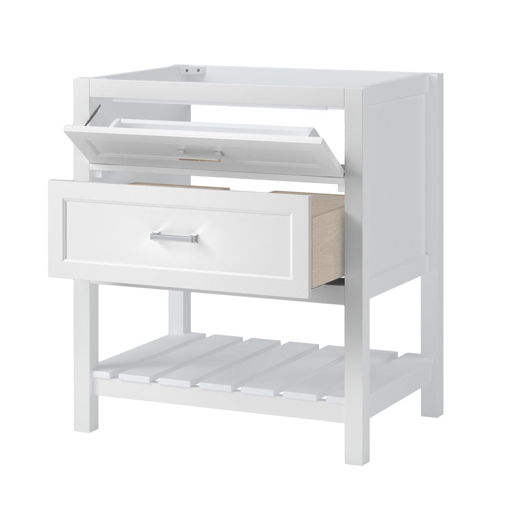 Freestanding white solid wood bathroom vanity in a modern style with slatted open lower shelf, single full-width drawer with chrome bar pull, exposed light-wood drawer interior and an upper tilt-out compartment with unfinished top for sink installati