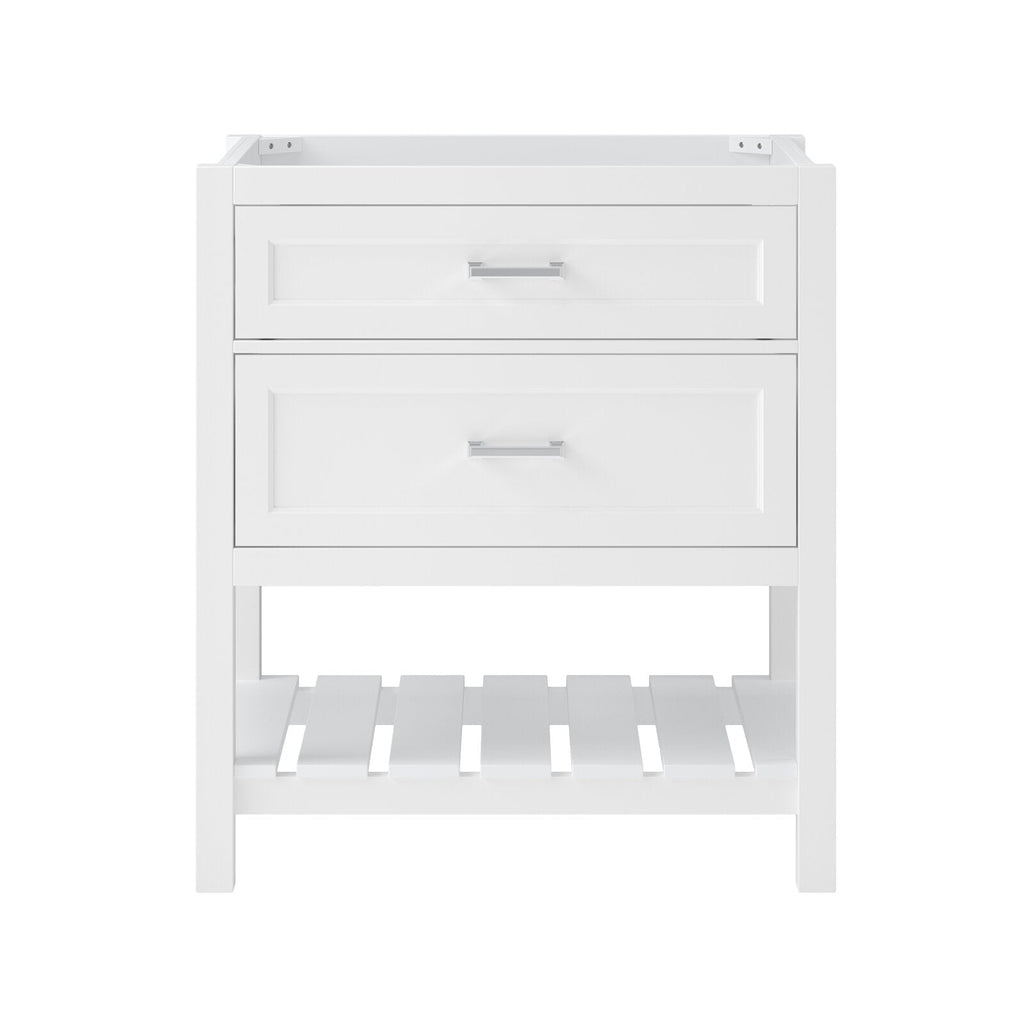 31-inch white solid wood single-sink bathroom vanity base with two recessed-panel drawers, chrome bar pulls and open slatted lower shelf; modern freestanding design shown without countertop.