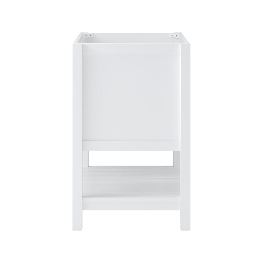 Rear view of a modern white solid wood bathroom vanity base, 31 in. wide, showing a plain back panel, slatted lower shelf and open top cavity without the quartz countertop or sink.