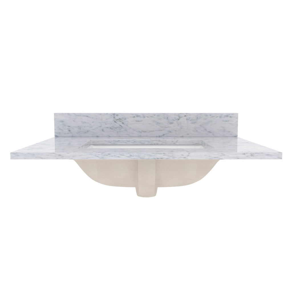 Front view of a white veined quartz vanity top with an integrated rectangular sink and short backsplash, showing the light beige undermount basin beneath.