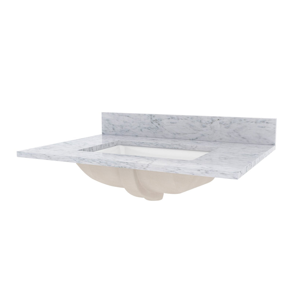 White Giotto quartz vanity top with gray marble-like veining, integrated rectangular ceramic undermount sink and matching quartz backsplash, shown isolated on a white background.