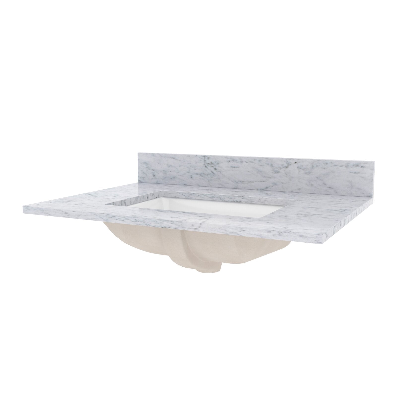 White Giotto quartz vanity top with gray marble-like veining, integrated rectangular ceramic undermount sink and matching quartz backsplash, shown isolated on a white background.