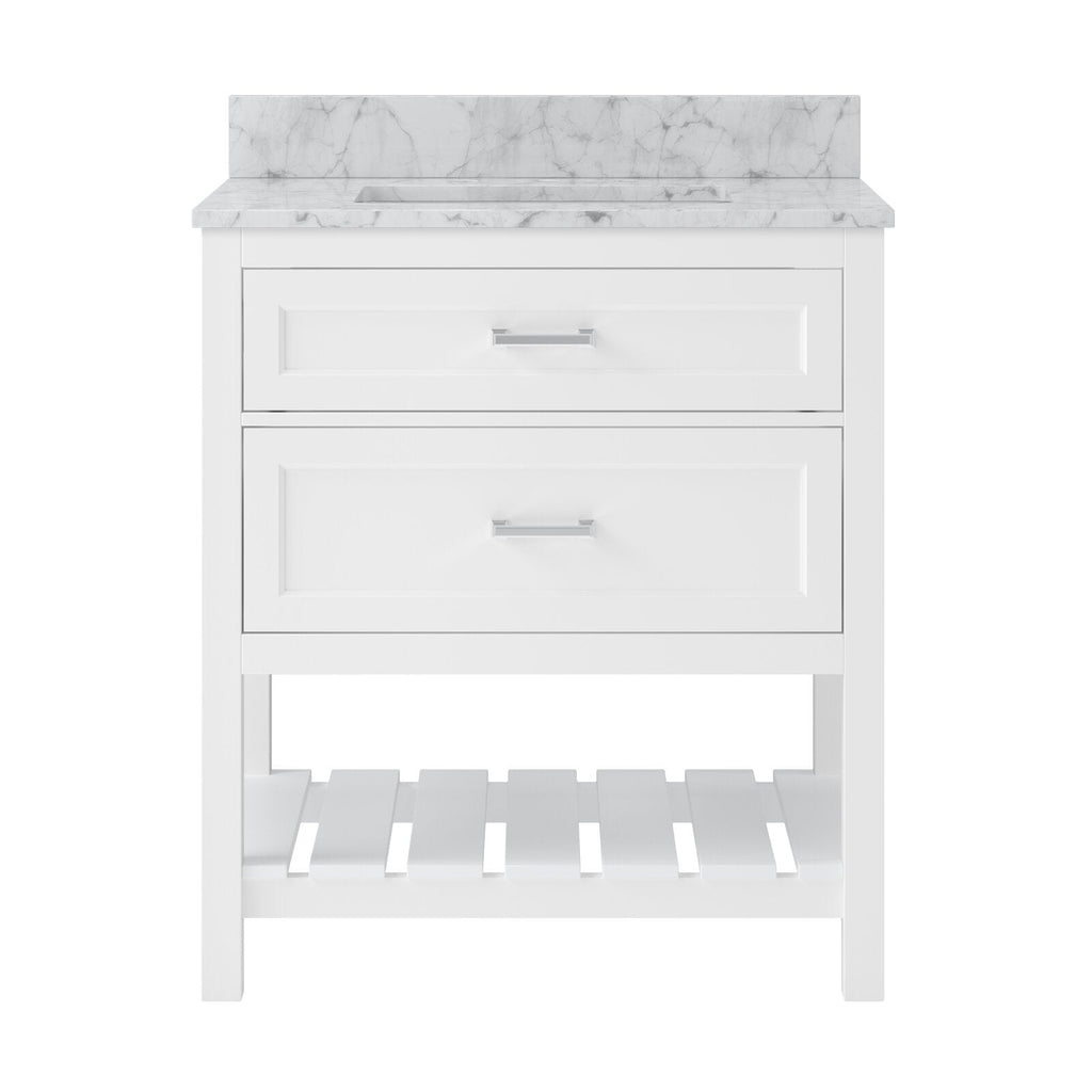 Front view of a white 31-inch freestanding solid wood bathroom vanity with a marble-look quartz top and integrated rectangular sink, two paneled drawers with chrome bar pulls, and an open slatted lower shelf.