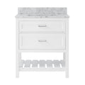 Front view of a white 31-inch freestanding solid wood bathroom vanity with a marble-look quartz top and integrated rectangular sink, two paneled drawers with chrome bar pulls, and an open slatted lower shelf.