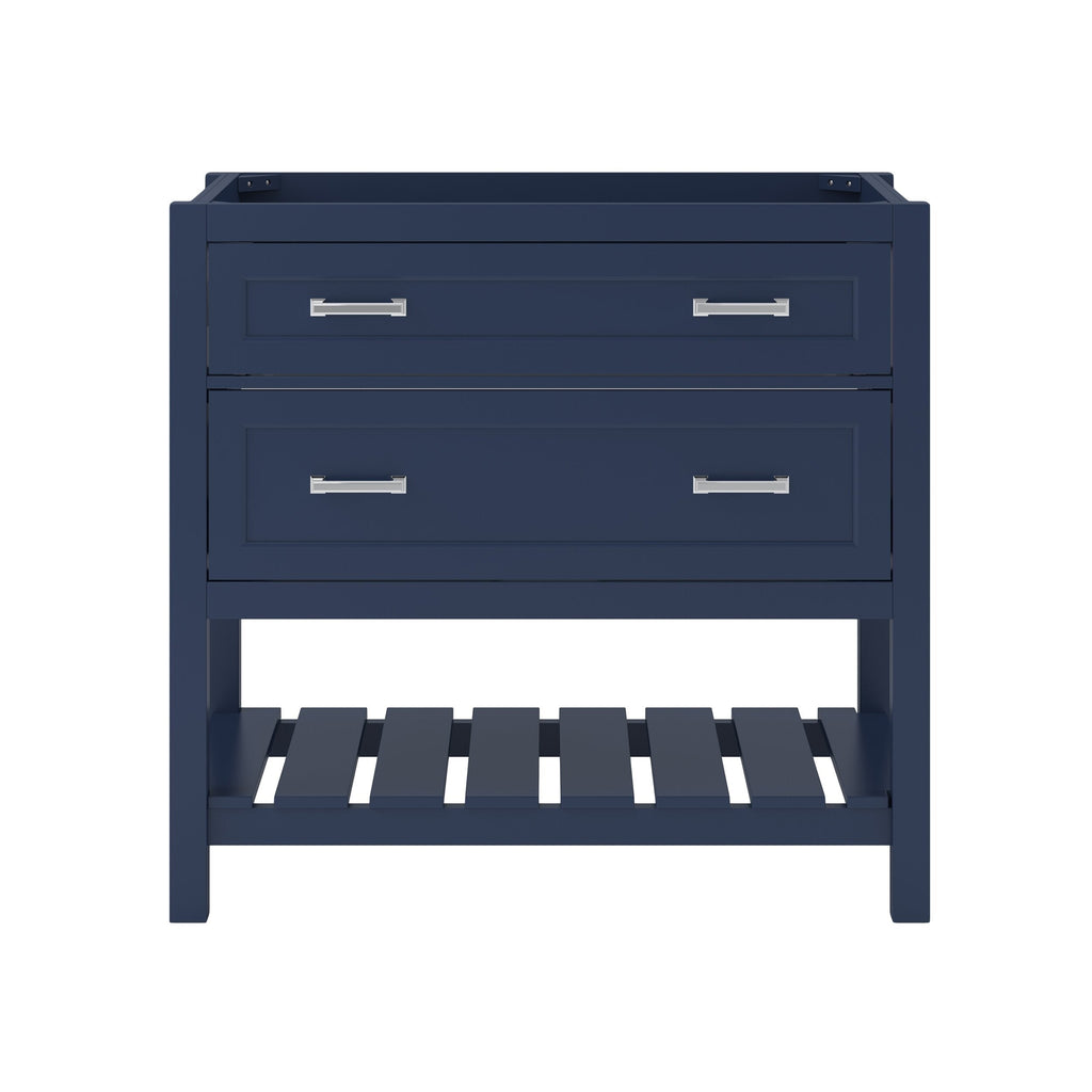 Aegean blue solid wood bathroom vanity base with two front drawers, chrome bar pulls and an open slatted lower shelf, shown without a countertop or sink.