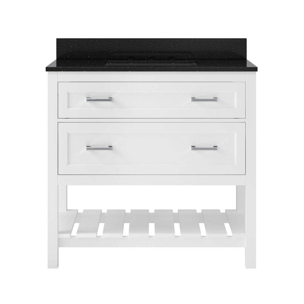 Freestanding white solid-wood bathroom vanity with a black marble countertop, two wide drawers with chrome bar pulls and an open slatted lower shelf, contemporary glam single-sink styling.