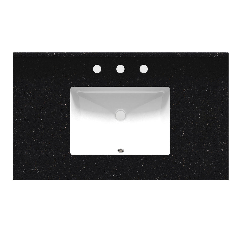Top-down view of a black marble vanity top with subtle gold flecks and a centered white rectangular ceramic sink, showing three pre-drilled faucet holes above the basin and a round drain at the bottom.
