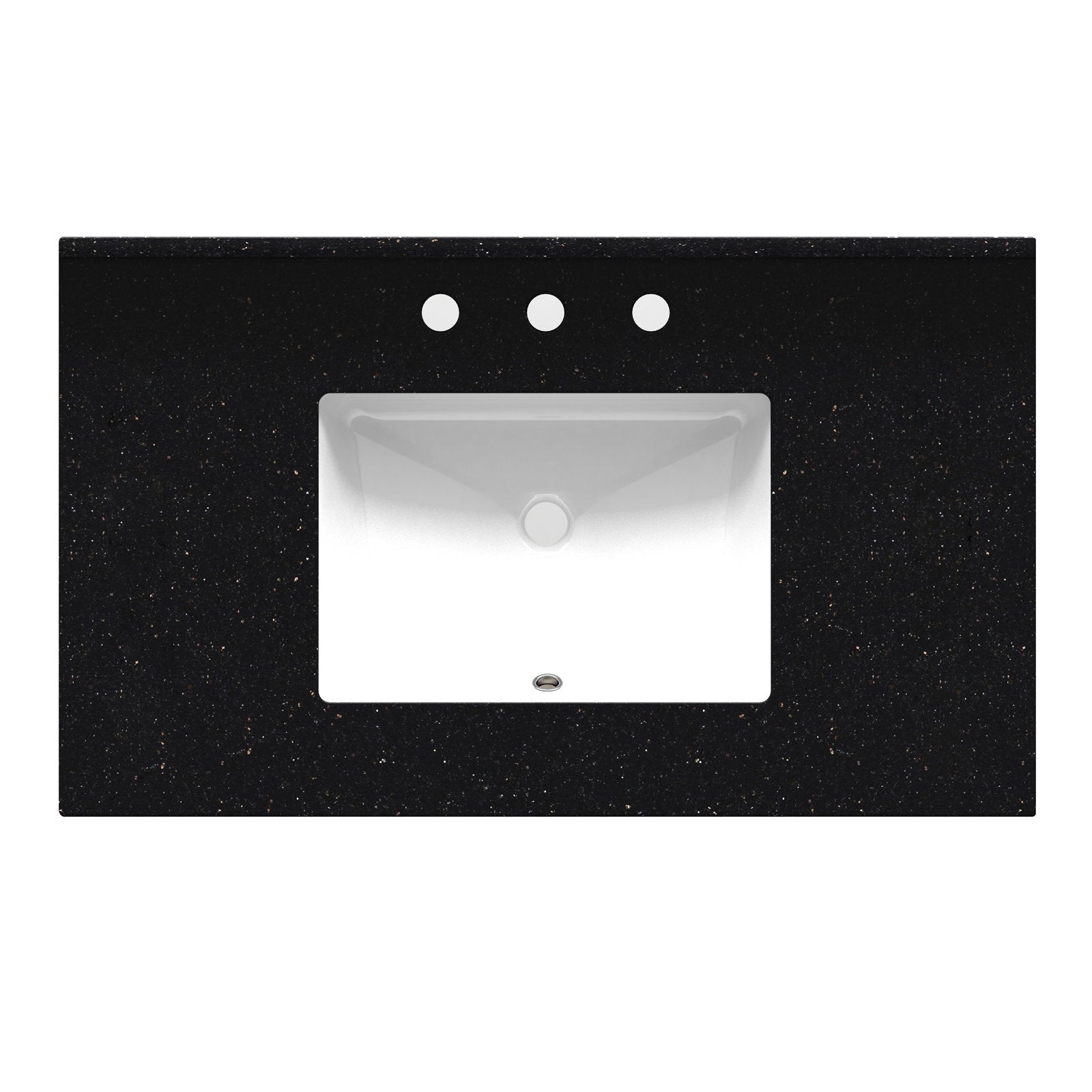 Top-down view of a black marble vanity top with subtle gold flecks and a centered white rectangular ceramic sink, showing three pre-drilled faucet holes above the basin and a round drain at the bottom.