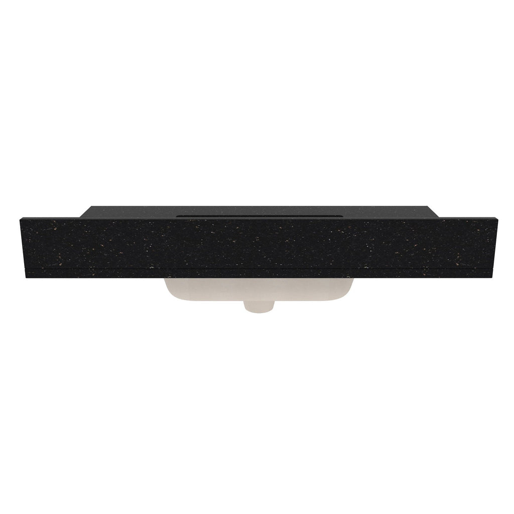 Black speckled marble bathroom vanity top with a central rectangular basin cutout and white ceramic undermount sink visible from below.