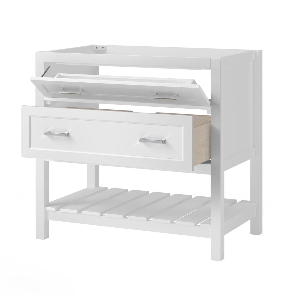 Freestanding white solid wood single-sink bathroom vanity with open top for sink or marble installation, tilted front access drawer, lower slatted shelf and chrome rectangular drawer pulls in a contemporary style.