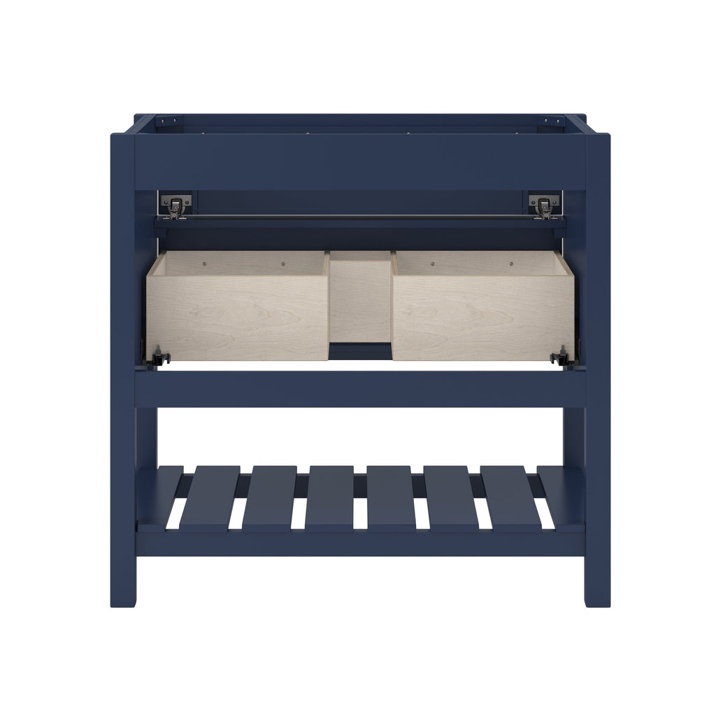 Front view of a black solid wood single-sink vanity frame with two exposed light-wood drawer boxes, visible metal slide hardware and a lower slatted shelf, shown without countertop or sink.