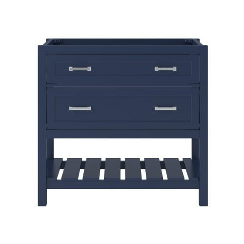 Freestanding navy solid wood 37-inch single-sink bathroom vanity with two soft-close drawers, rectangular chrome bar handles, and a slatted open bottom shelf.