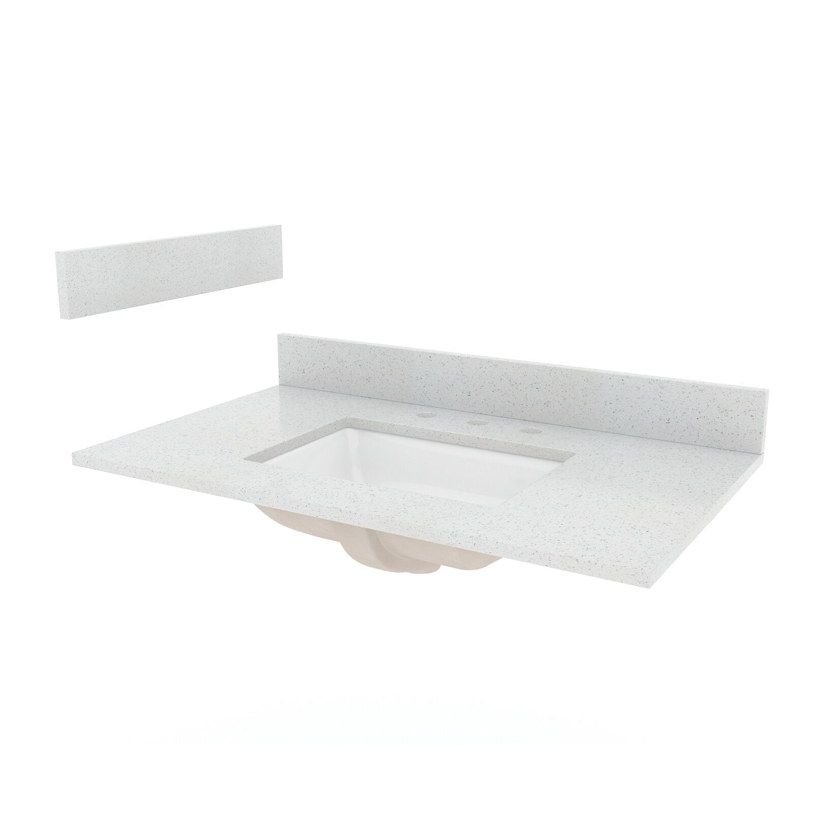 Speckled white marble vanity countertop with integrated rectangular undermount ceramic sink and a matching low backsplash piece, shown with pre-drilled faucet openings for a single-sink bathroom vanity.