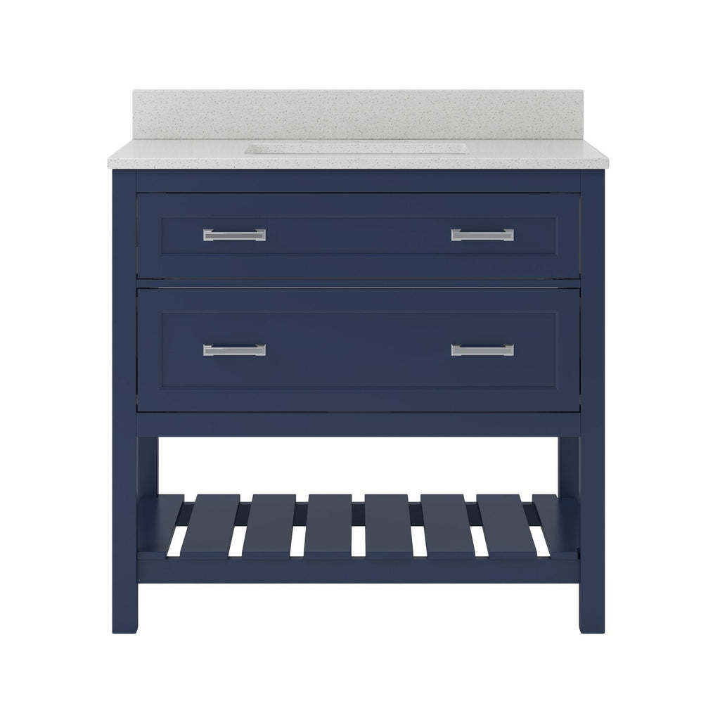 Freestanding glam bathroom vanity with a white marble countertop and backsplash, navy blue solid wood base, integrated single sink, two drawers with brushed-metal handles and a slatted lower storage shelf.