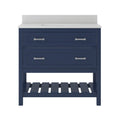 Freestanding glam bathroom vanity with a white marble countertop and backsplash, navy blue solid wood base, integrated single sink, two drawers with brushed-metal handles and a slatted lower storage shelf.