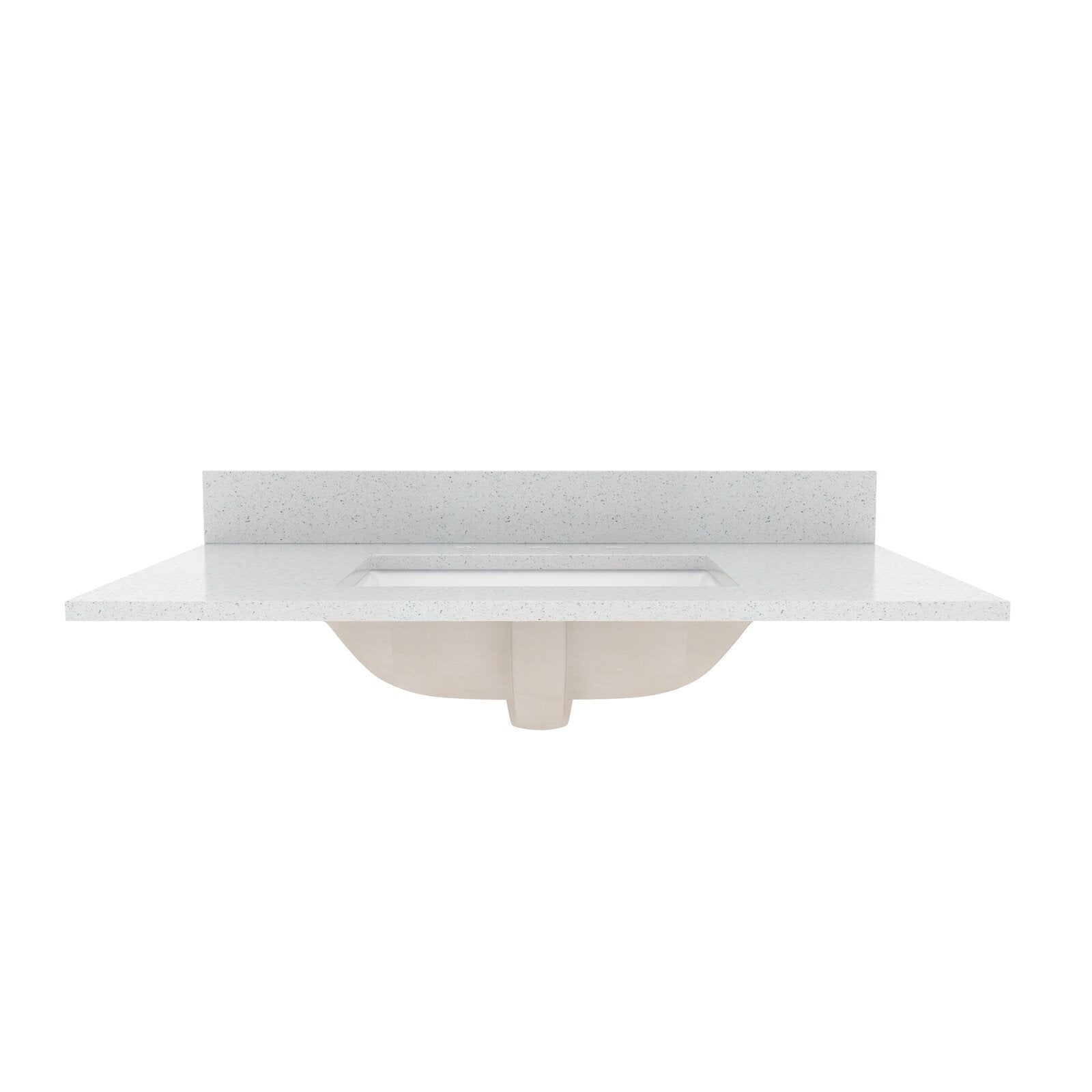 Glam-inspired white speckled marble vanity top with low matching backsplash and centered rectangular integrated sink, showing the light beige underside of the basin.