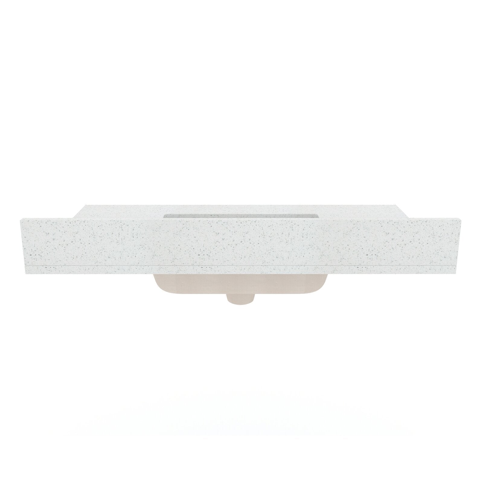 Front-facing top view of a white speckled marble vanity top with an integrated rectangular sink basin and the beige underside of the bowl visible beneath, designed for a single-sink glam bathroom.