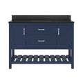 49-inch solid wood freestanding single-sink bathroom vanity with black quartz countertop and backsplash, two center drawers, flanking cabinet doors with chrome handles, and an open slatted lower storage shelf.